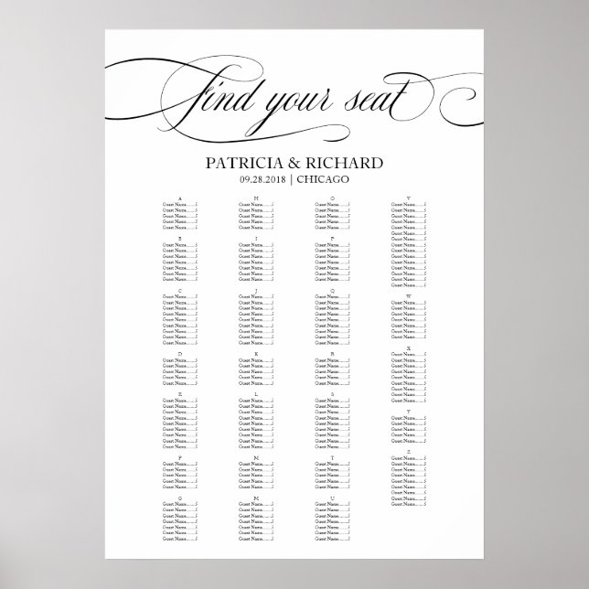 Alphabetical Seating Chart Elegant Black Script (Front)