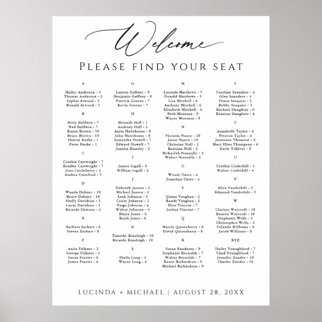 Alphabetical Seating Chart for 100 Guests (Front)