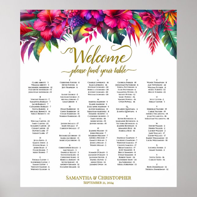 Alphabetical Tropical Garden Wedding Seating Chart (Front)