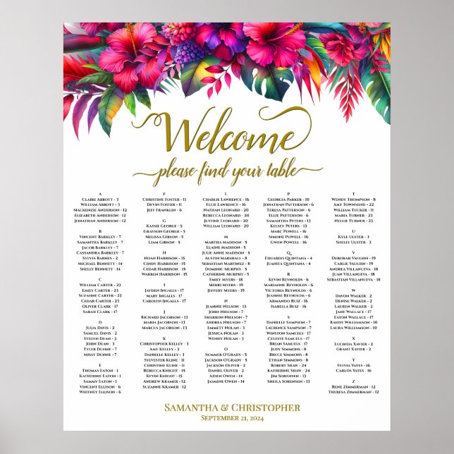 Alphabetical Tropical Garden Wedding Seating Chart (Front)