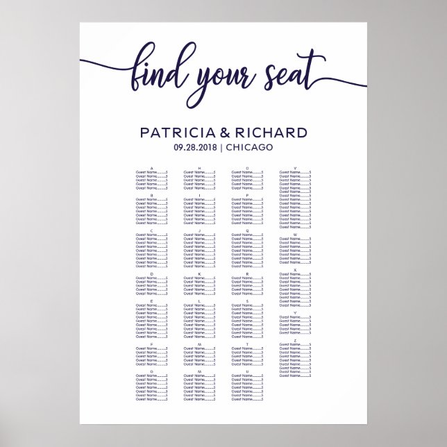 Alphabetical Wedding Seating Chart Chic Navy Blue (Front)