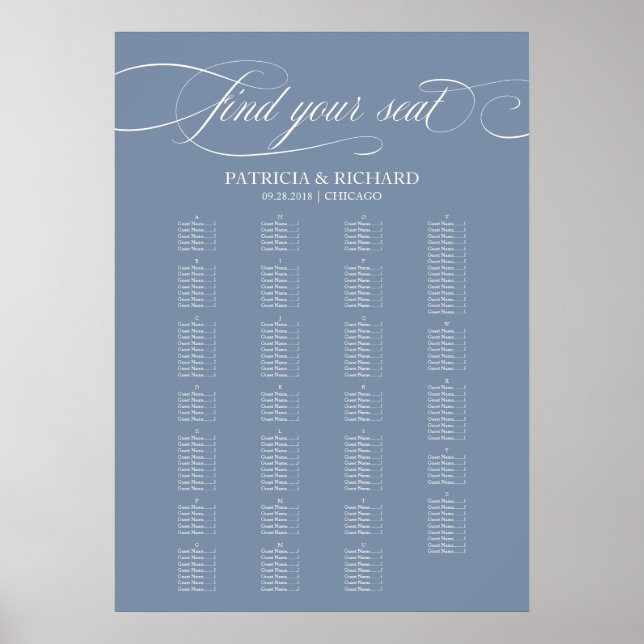 Alphabetical Wedding Seating Chart Dusty Blue (Front)