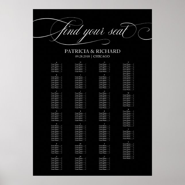 Alphabetical Wedding Seating Chart Elegant Black (Front)