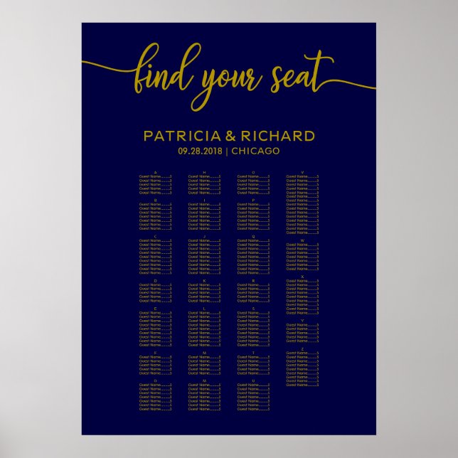 Alphabetical Wedding Seating Chart Gold Navy Blue (Front)