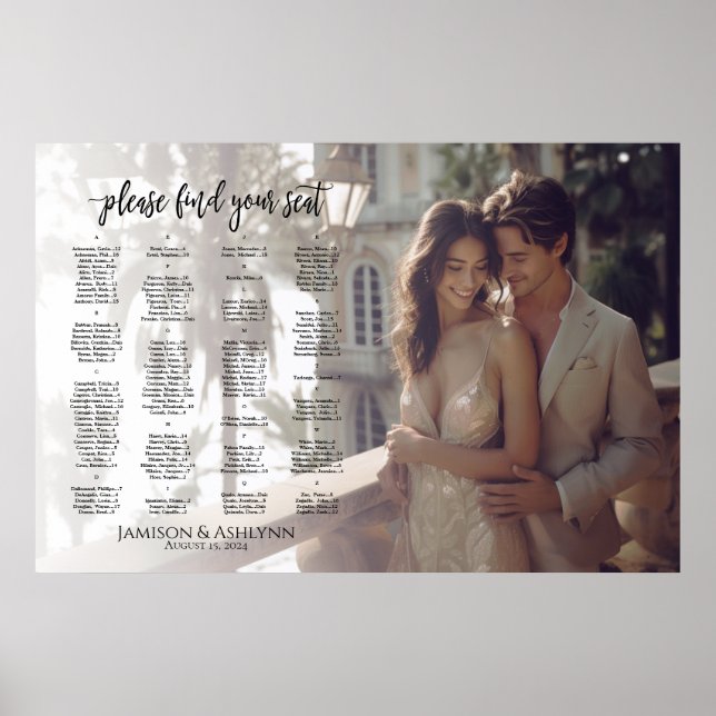 Alphabetical wedding seating chart with photo (Front)