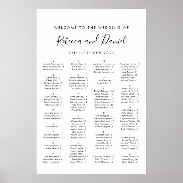 Alphabetical Welcome Wedding Seating Chart (Front)