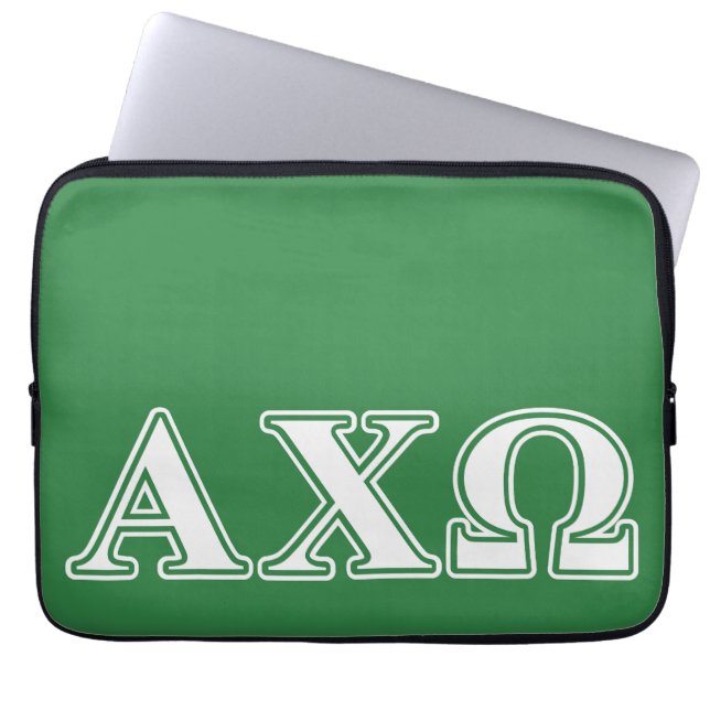 Alphi Chi Omega White and Green Letters Laptop Sleeve (Front)