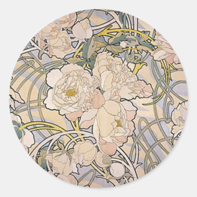 Alphones ( Alfons ) Mucha ~ Flowers Classic Round Sticker (Front)