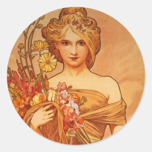 Alphonse (Alfons) Mucha  Bouquet Classic Round Sticker