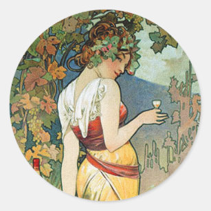 Alphonse (Alfons) Mucha: Cognac - Art Nouveau Classic Round Sticker