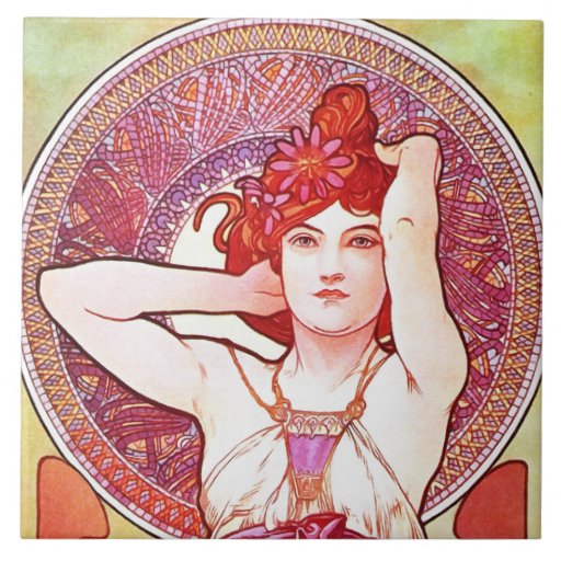 Image of Alphonse Mucha Amethyst Floral Vintage Art Nouveau Tile