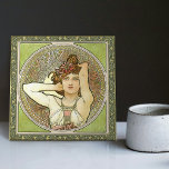 Alphonse Mucha Amethyst Green Art Nouveau Vintage Tile<br><div class="desc">This ceramic tile is part of a set of three (Ruby, Topaz and Amethyst) inspired by the iconic Art Nouveau era of the renowned Czech artist Alphonse Mucha. Mucha is widely recognised as one of the leading Art Nouveau designers and is known for his collaborations with the legendary actress Sarah...</div>