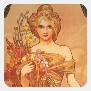 Alphonse Mucha Art Deco Square Sticker
