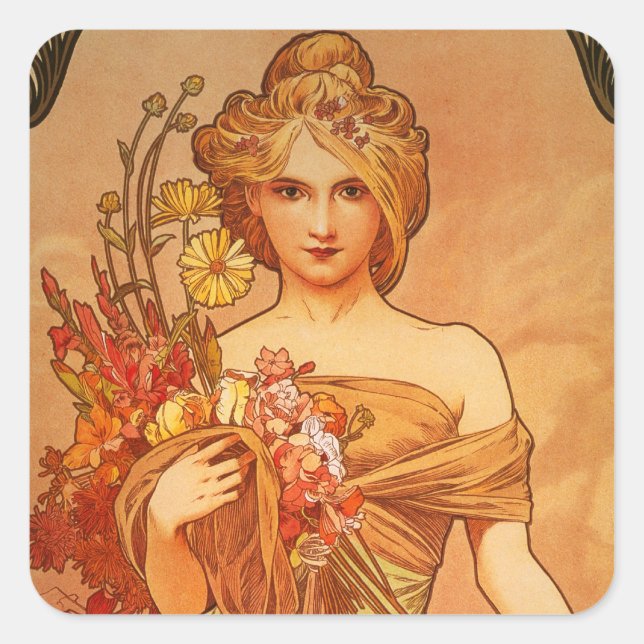 Alphonse Mucha Art Deco Square Sticker (Front)