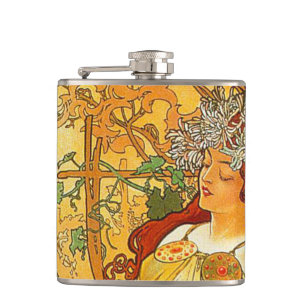 Alphonse Mucha Art Nouveau Autumn Hip Flask