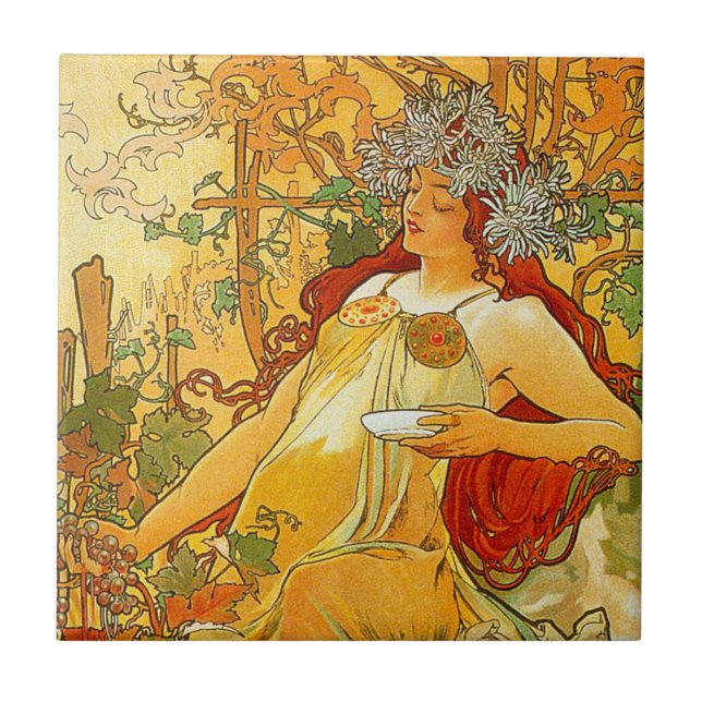 Alphonse Mucha Art Nouveau Autumn Tile (Front)