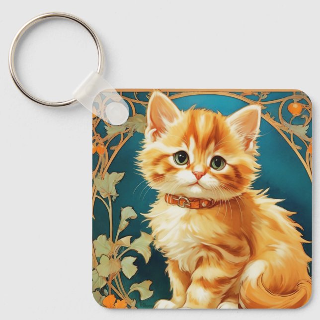 Alphonse Mucha Art Nouveau Cat Key Ring (Front)