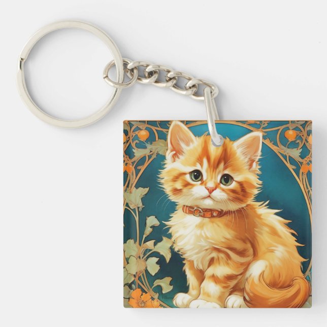 Alphonse Mucha Art Nouveau Cat Key Ring (Front)