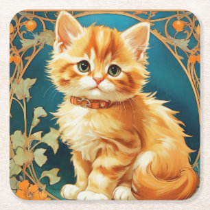 Alphonse Mucha Art Nouveau Cat Square Paper Coaster