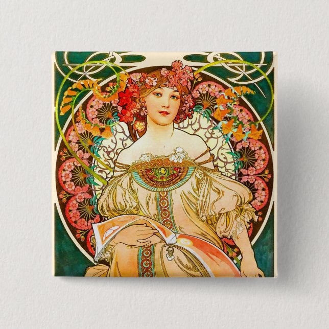 Alphonse Mucha Art Nouveau Daydream 15 Cm Square Badge (Front)