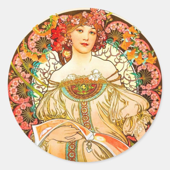 Alphonse Mucha Art Nouveau Daydream Classic Round Sticker (Front)