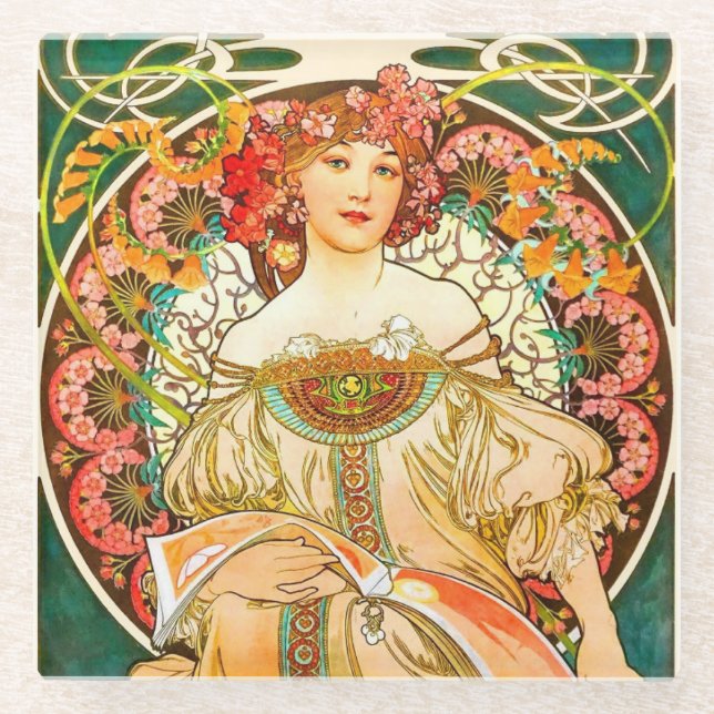 Alphonse Mucha Art Nouveau Daydream Glass Coaster (Front)