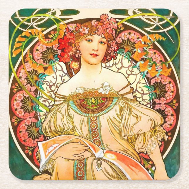 Alphonse Mucha Art Nouveau Daydream Square Paper Coaster (Front)