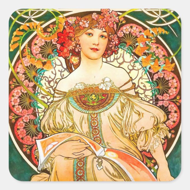 Alphonse Mucha Art Nouveau Daydream Square Sticker (Front)