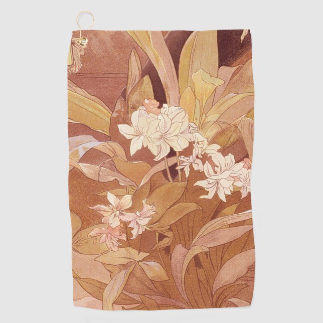 Alphonse Mucha Art Nouveau Floral Detail Golf Towel (Front)