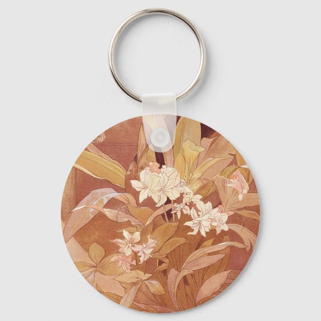 Alphonse Mucha Art Nouveau Floral Detail Key Ring (Front)