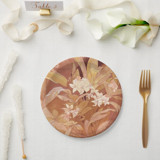 Alphonse Mucha Art Nouveau Floral Detail Paper Plate (Wedding)