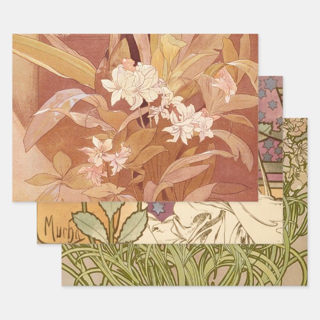 Alphonse Mucha Art Nouveau Floral Detail Wrapping Paper Sheet (Set)