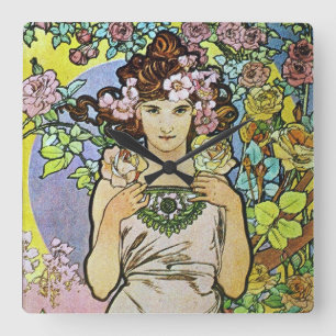 Alphonse Mucha Art Nouveau Floral girl Square Wall Clock