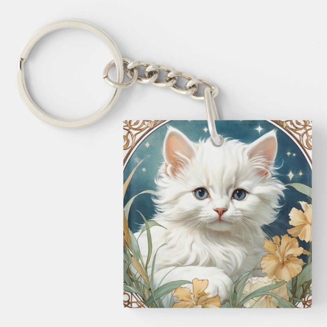 Alphonse Mucha Art Nouveau Kitten Key Ring (Front)