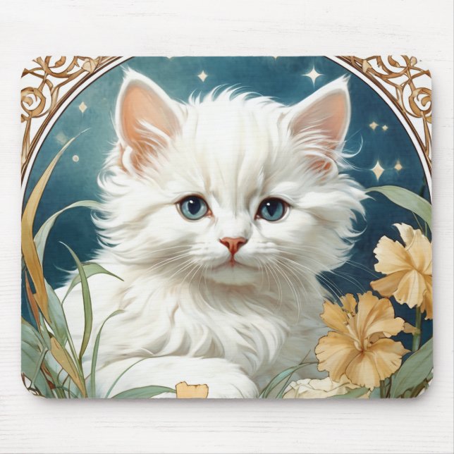 Alphonse Mucha Art Nouveau Kitten Mouse Mat (Front)