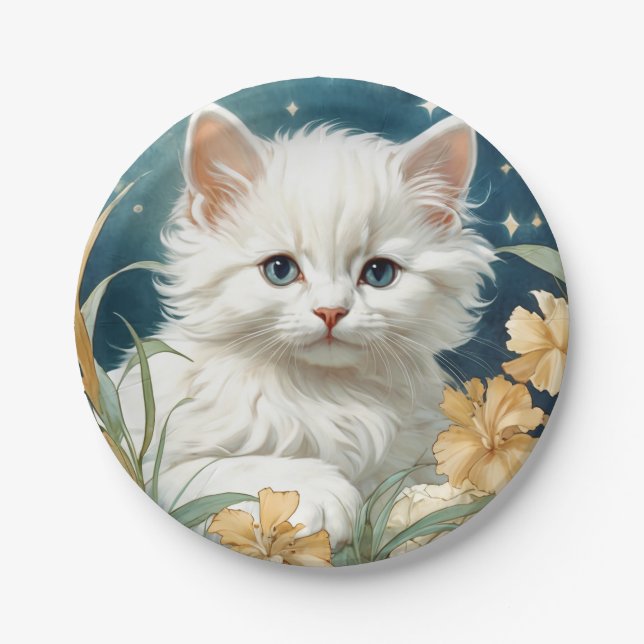 Alphonse Mucha Art Nouveau Kitten Paper Plate (Front)