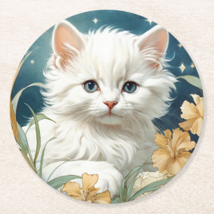 Alphonse Mucha Art Nouveau Kitten Round Paper Coaster
