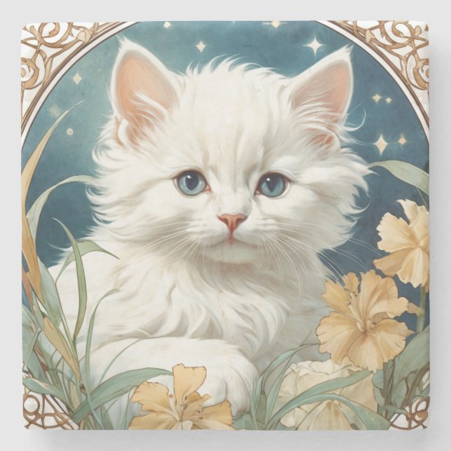 Alphonse Mucha Art Nouveau Kitten Stone Coaster (Front)