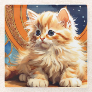 Alphonse Mucha Art Nouveau Orange Cat Glass Coaster