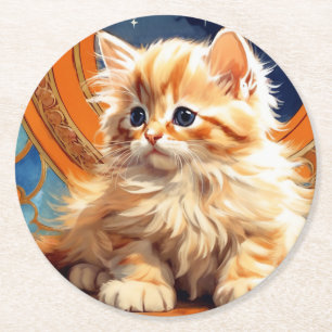 Alphonse Mucha Art Nouveau Orange Cat Round Paper Coaster