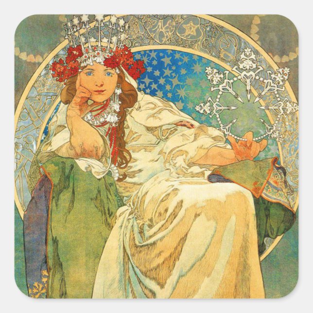 Alphonse Mucha Art Nouveau Princess Hyacinth Square Sticker (Front)
