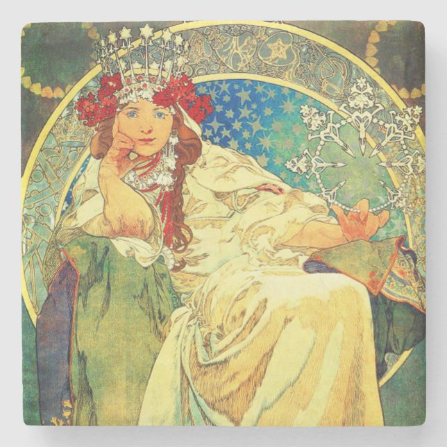 Alphonse Mucha Art Nouveau Princess Hyacinth Stone Coaster (Front)