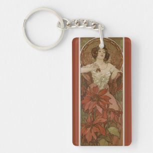 Alphonse Mucha Art Nouveau Ruby Vintage Floral Key Ring