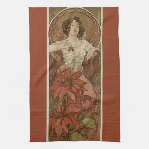 Alphonse Mucha Art Nouveau Ruby Vintage Floral Tea Towel