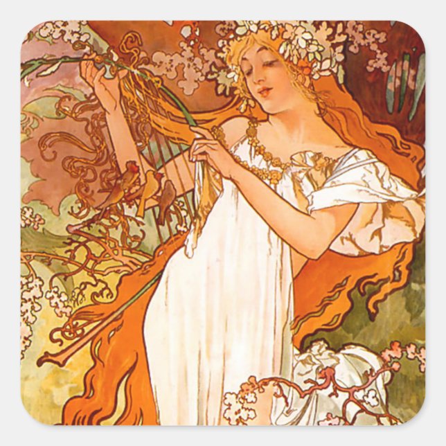 Alphonse Mucha Art Nouveau Spring Square Sticker (Front)
