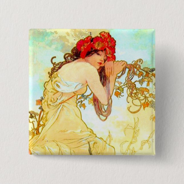 Alphonse Mucha Art Nouveau Summer 15 Cm Square Badge (Front)
