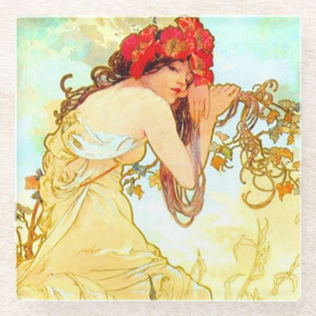Alphonse Mucha Art Nouveau Summer Glass Coaster (Front)