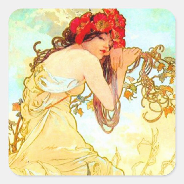 Alphonse Mucha Art Nouveau Summer Square Sticker (Front)
