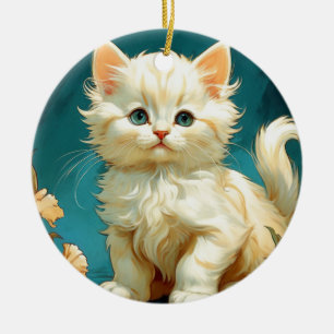 Alphonse Mucha Art Nouveau White Cat Ceramic Tree Decoration