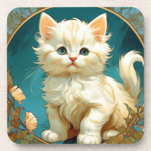 Alphonse Mucha Art Nouveau White Cat Coaster